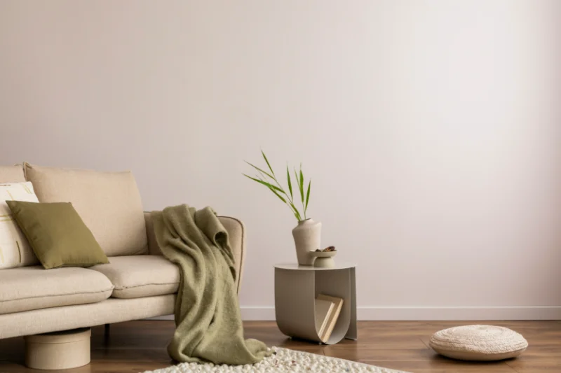 Minimalist living room with a beige sofa, green throw blanket, pillows, a small side table with a plant and books, a round cushion on the floor, and a neutral color palette.