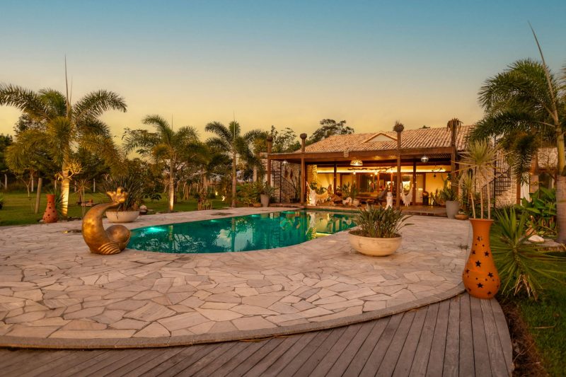 Blog 5 Tranquil backyard with a pool palm trees and a cozy house