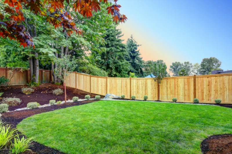 Home 63 A backyard with green grass, small shrubs along the edges, mulched flower beds, and a wooden privacy fence. Tall trees and clear sky are visible in the background.