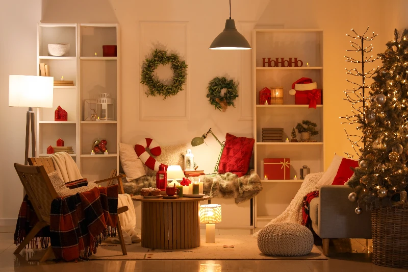 Interior of dark living room with Christmas tree and sofa